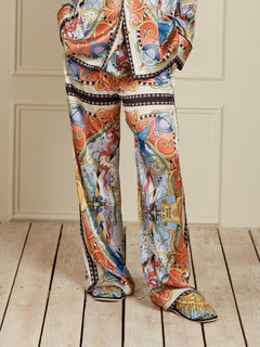 Unique Satin Sunshine Print Turn-Down Collar Loose Fit Shirt And Elastic Waist Wide Leg Pants Set