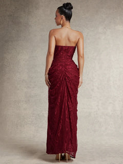 Strapless Ruched Lace Slit Maxi Dress in Burgundy