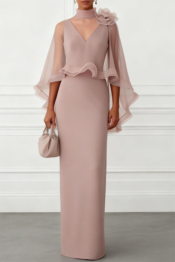 Pink 3D Flower Cape Sleeve Maxi Formal Evening Gown