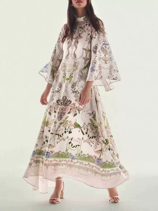 Vintage Floral Bird Print Maxi Dress, Flare Sleeve Loose Boho Maxi Dress for Women