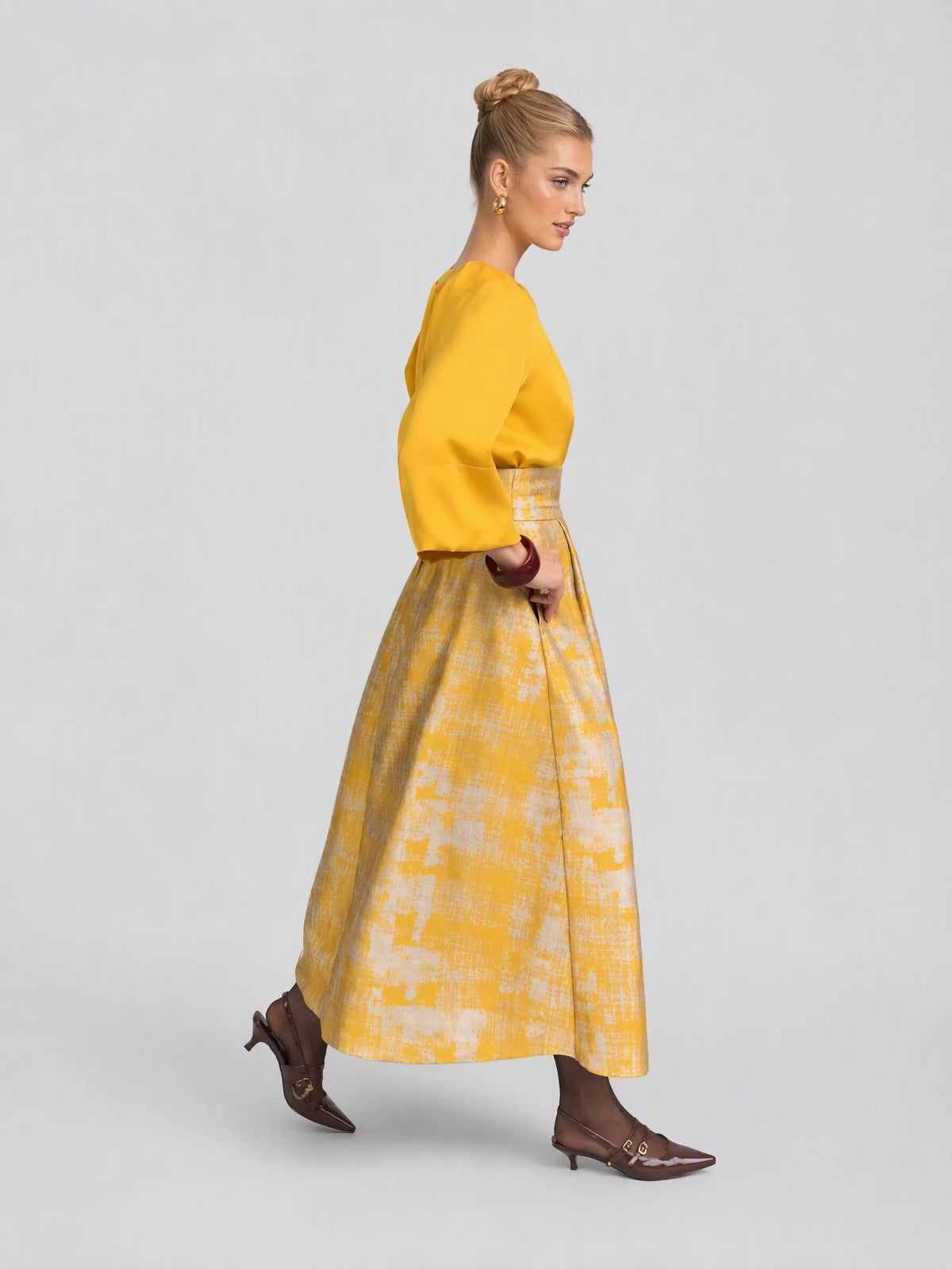 Elegant Yellow Satin Long Sleeve Blouse and Jacquard Belted Midi Skirt Set