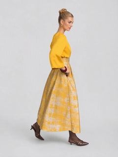 Elegant Yellow Satin Long Sleeve Blouse and Jacquard Belted Midi Skirt Set