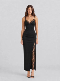 Black Lace Trim Cami Maxi Dress with Slit Detail