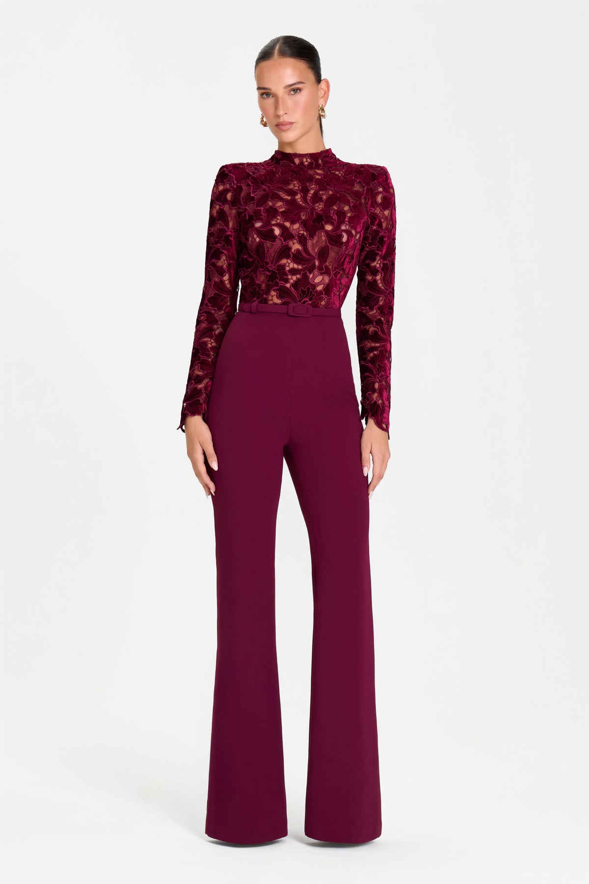 Burgundy Lace Mock Neck Long Sleeve Belted Flared Leg Jumpsuit