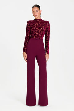 Burgundy Lace Mock Neck Long Sleeve Belted Flared Leg Jumpsuit