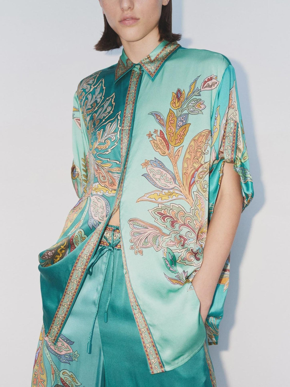 Unique Satin Botanical Floral Print Loose Two-Piece Set
