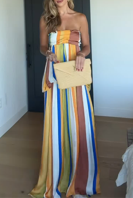 Strapless Color Block Striped Flowy Maxi Dress