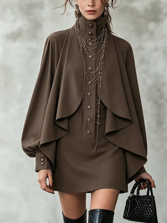 Brown Cape Overlay High Neck Button Front Long Sleeve Mini Dress