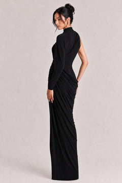 Elegant Asymmetrical One-Sleeve Draped Maxi Dress