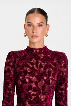 Burgundy Lace Mock Neck Long Sleeve Belted Flared Leg Jumpsuit