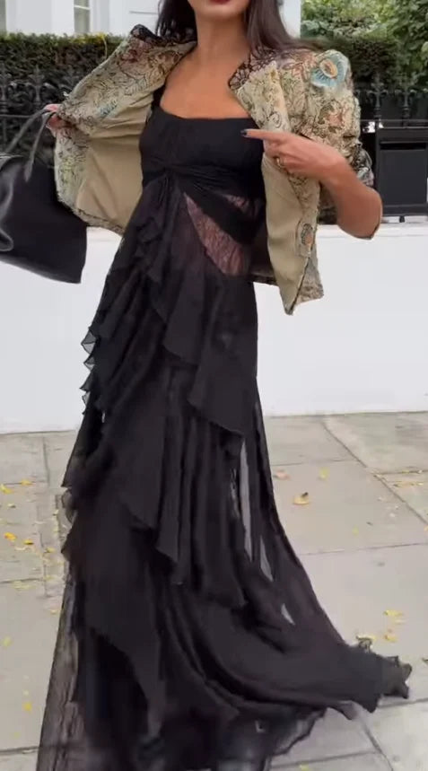 Vintage Brocade Cropped Jacket and Ruffle Maxi Dress Two Piece Set [erp-image:661df2efaa49c635e7bc6aeb]