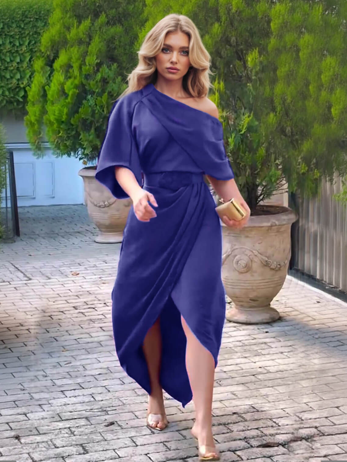 Exquisite Satin Irregular Lapel Neckline Design Ruched Maxi Dress