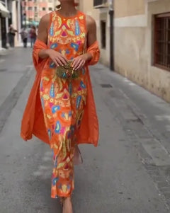 Women's Orange Boho Print Sleeveless Maxi Dress and Long Cardigan Two Piece Outfit Set [erp-image:d0217968493bea2415a824c5]