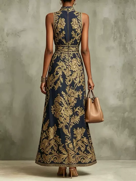 Vestido maxi de noite azul-marinho, com padrão barroco dourado, decote halter e sem mangas
