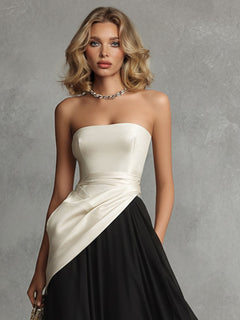 Elegant Color-Block Strapless Satin Maxi  Dress