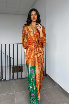 V-Neck Printed Patchwork Slit Streamer Design Maxi Dress