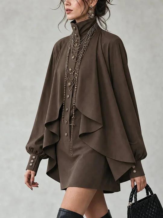 Brown Cape Overlay High Neck Button Front Long Sleeve Mini Dress