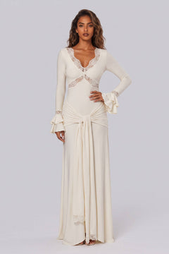 Tight Waist Lace Trim Horn Sleeve Long Dress