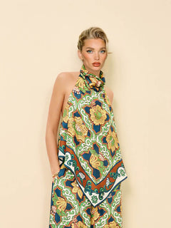 Modern Satin Asymmetric Print Backless Camisole And Pocket Wide-Leg Pants Set