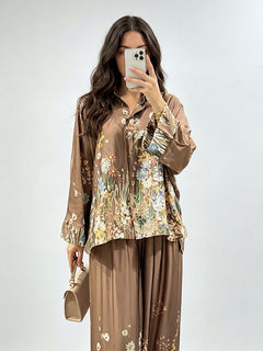 Elegant Floral Print Satin Button Shirt