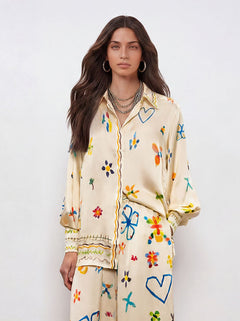 Unique Satin Hand-Painted Watercolor Print Lapel Button Shirt