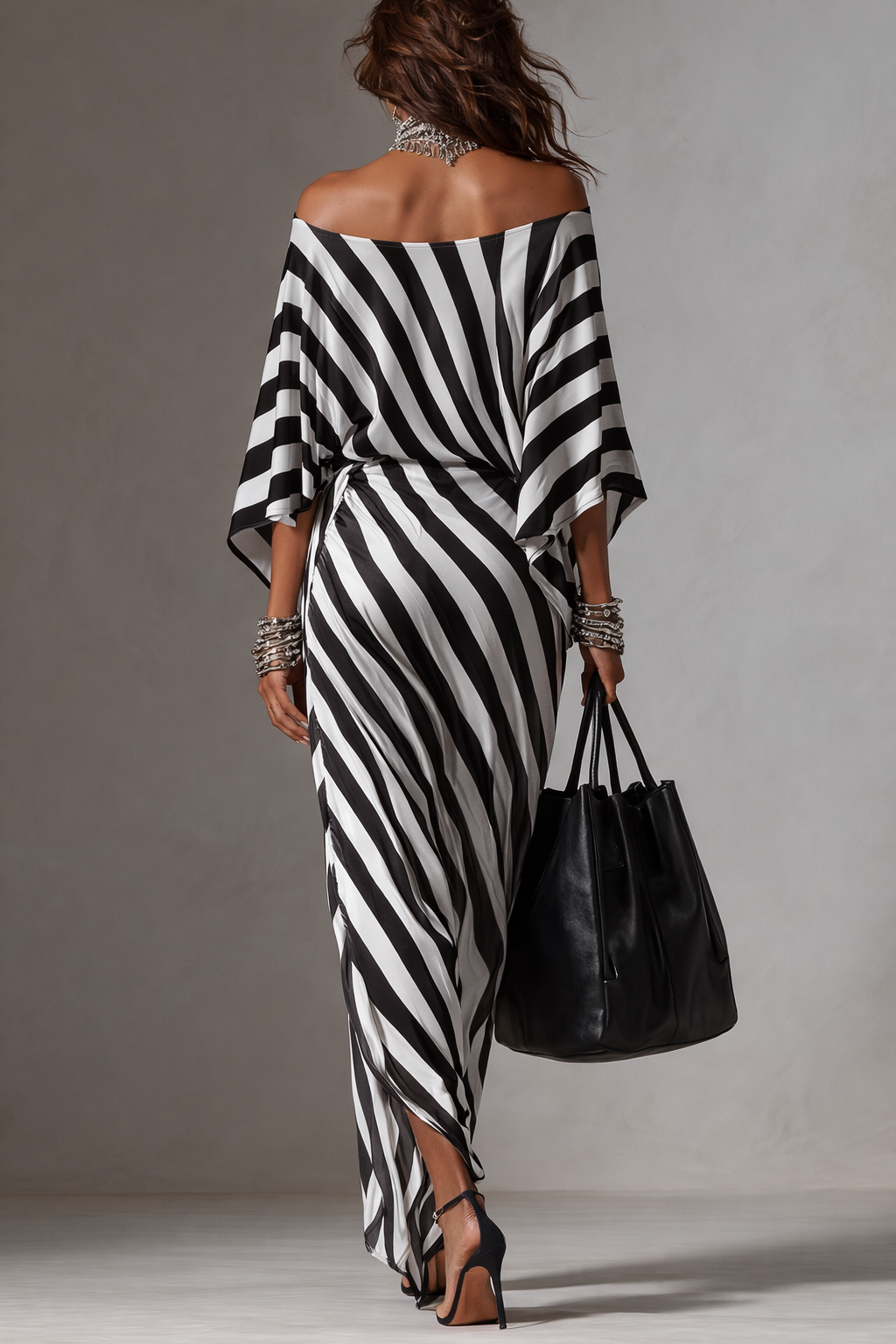 Elegant Off-Shoulder Striped Maxi Dress  Flowing Batwing Sleeves & Asymmetrical Hem For Resort & Evening Wear