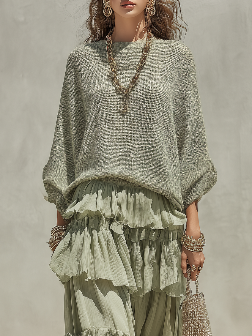 Bohemian Sage Green Sweater And Ruffled Skirt Set