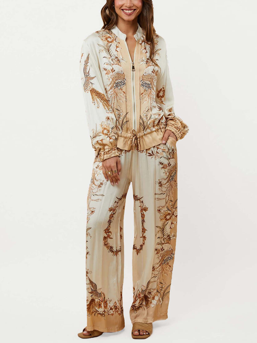 Vintage Bird Print Zip-Up Bomber Jacket & Wide-Leg Pants Two-Piece Set