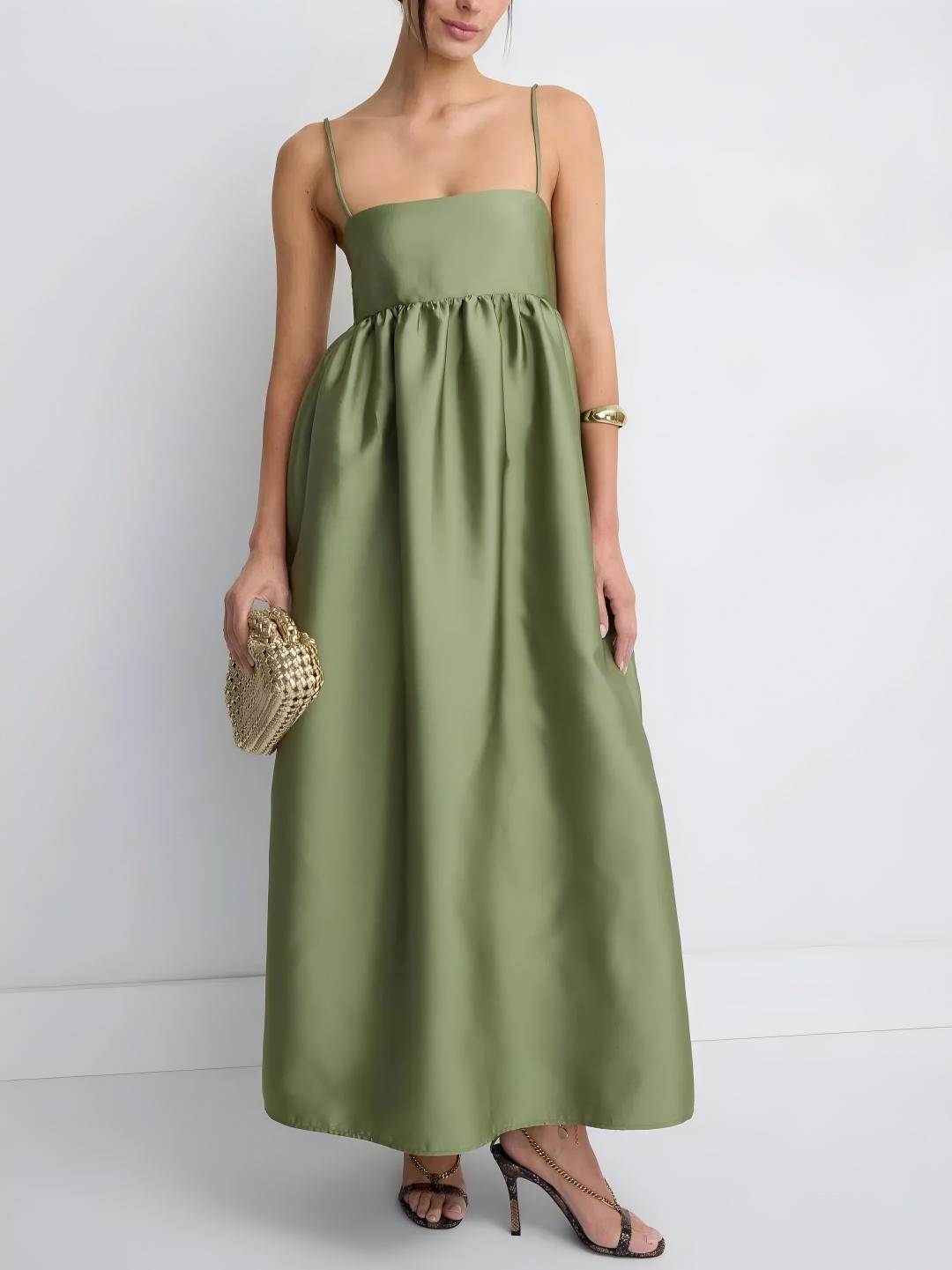 Elegant Olive Green Satin Spaghetti Strap Maxi Dress