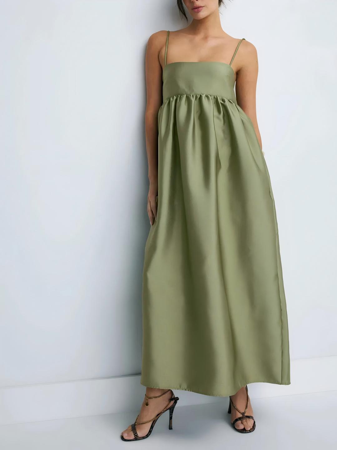 Elegant Olive Green Satin Spaghetti Strap Maxi Dress