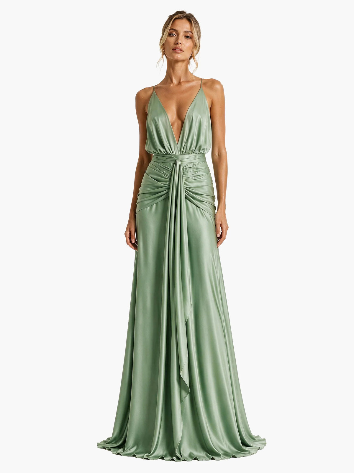 Sage Green Satin Deep V-Neck Ruched Maxi Gown