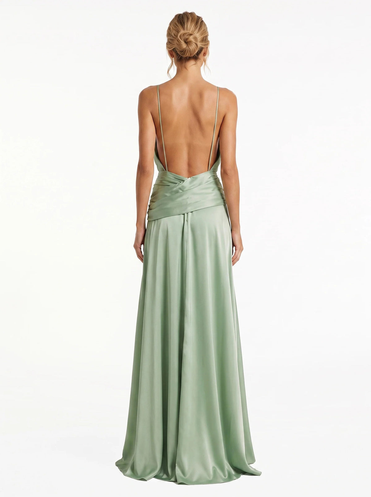 Robe longue de cérémonie vert sauge en satin, avec col V plongeant et fronces