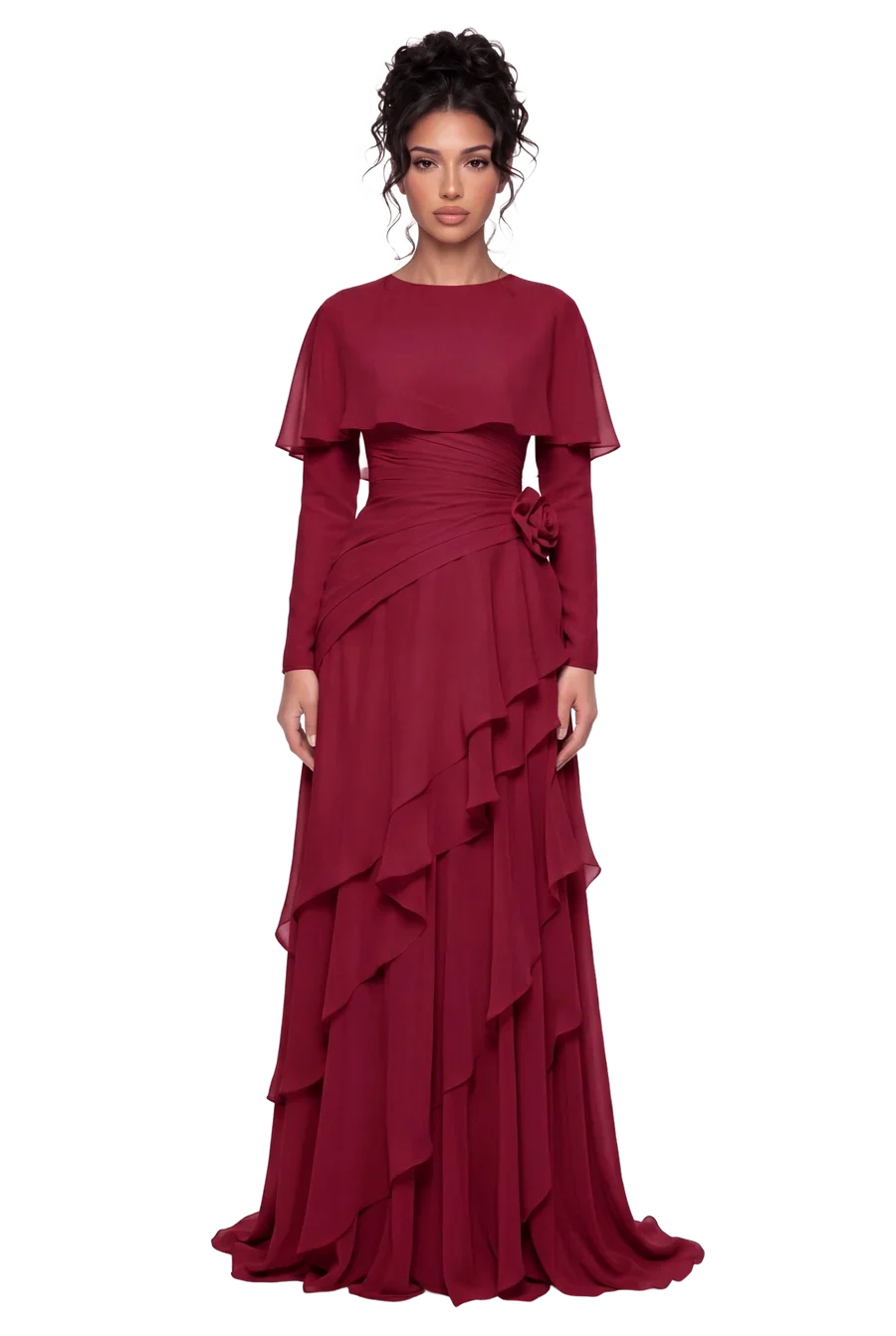 Pink Chiffon Cape Sleeve Tiered Ruffle Ruched Waist Maxi Evening Dress [erp-image:14a32fed76ad9edeba02c7dc]