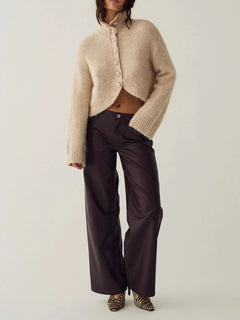 Women's High Neck Fuzzy Knit Cropped Cardigan Sweater with Covered Buttons