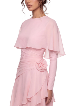 Pink Chiffon Cape Sleeve Tiered Ruffle Ruched Waist Maxi Evening Dress [erp-image:1e742e595c9321febbaa448b]