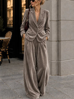 Women's Velvet Notch Lapel Blazer and Wide Leg Trousers Two Piece Suit Set [erp-image:7e4390ef006f8712265796dc]