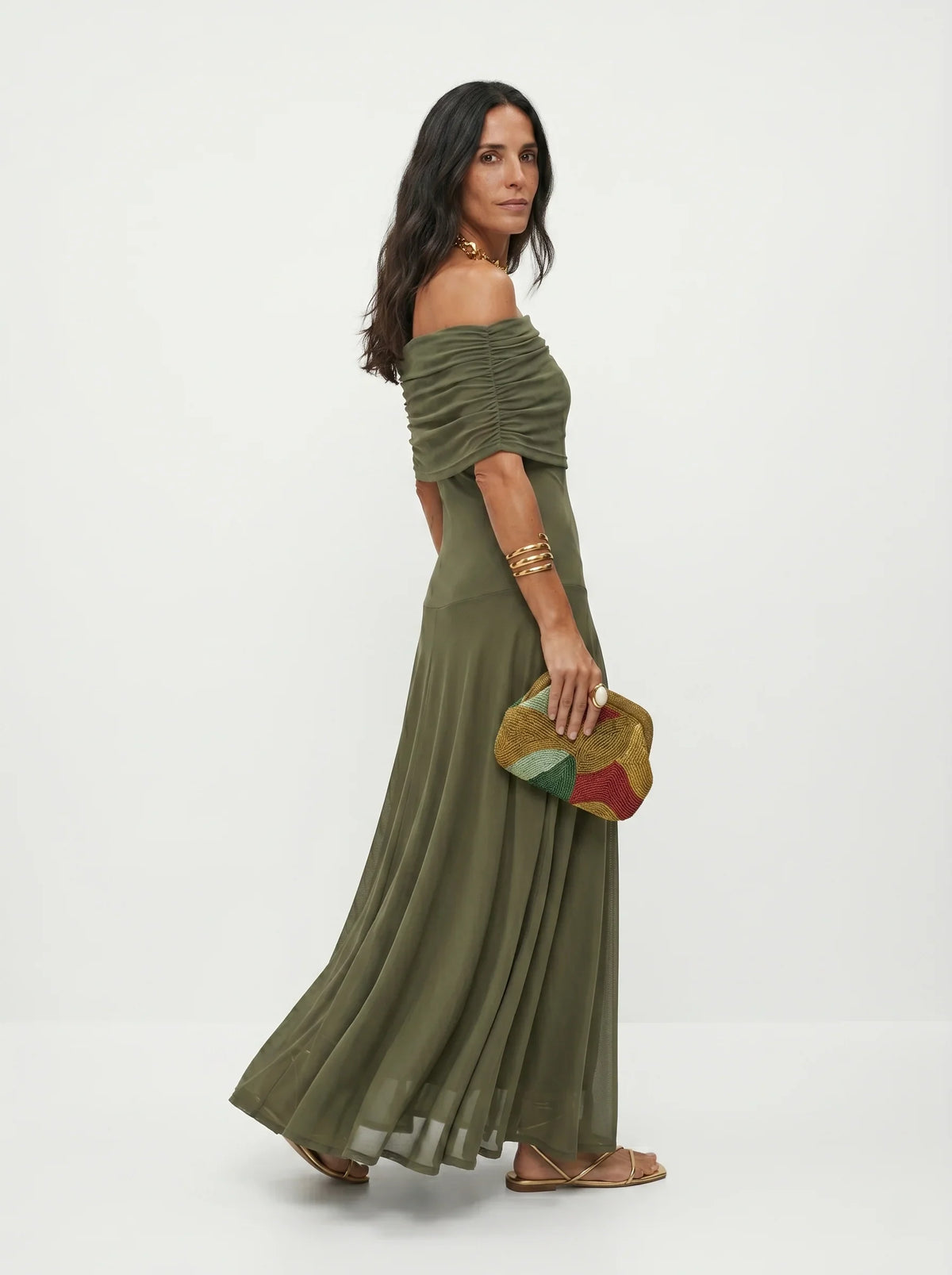 Women's One Shoulder Draped Mesh Maxi Dress in Abstract Print