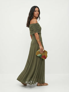 Women's One Shoulder Draped Mesh Maxi Dress in Abstract Print
