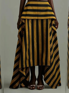 Striped Halter Corset Top and Tiered High-Low Maxi Skirt Two-Piece Set