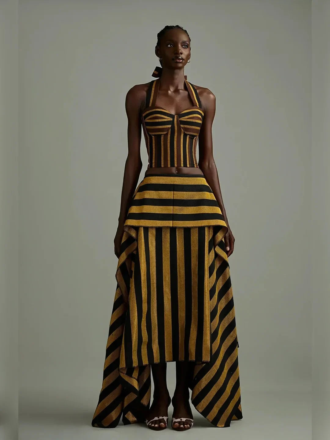 Striped Halter Corset Top and Tiered High-Low Maxi Skirt Two-Piece Set