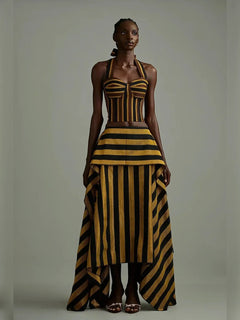 Striped Halter Corset Top and Tiered High-Low Maxi Skirt Two-Piece Set