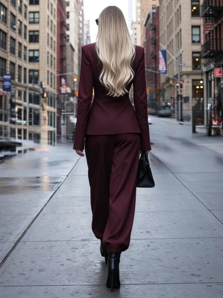Burgundy Mock Neck Long Sleeve Structured Top and Tapered Pants Two Piece Set [erp-image:785abd0fbbd6751f0fc6d098]