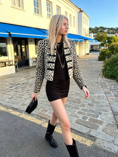 Leopard Print Cropped Jacket with Military Frog Fasteners and Long Sleeves