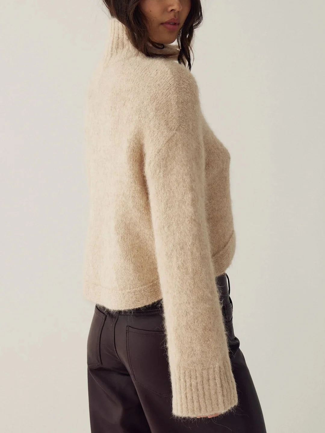 Women's High Neck Fuzzy Knit Cropped Cardigan Sweater with Covered Buttons