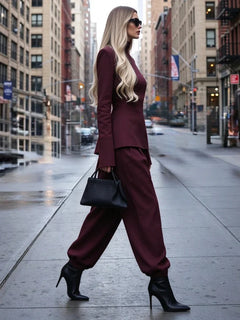 Burgundy Mock Neck Long Sleeve Structured Top and Tapered Pants Two Piece Set [erp-image:1cbeac01501c1b5ad02fd248]