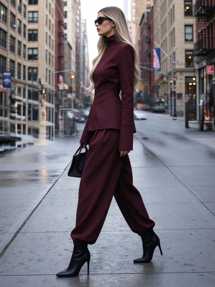 Burgundy Mock Neck Long Sleeve Structured Top and Tapered Pants Two Piece Set [erp-image:d620a795f9c7440a1b8feaaf]