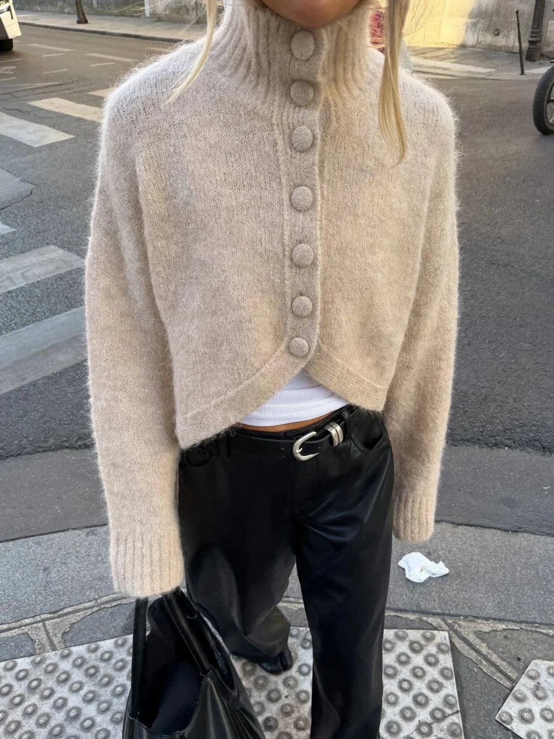 Women's High Neck Fuzzy Knit Cropped Cardigan Sweater with Covered Buttons