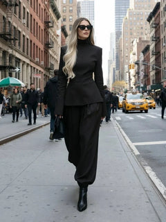 Burgundy Mock Neck Long Sleeve Structured Top and Tapered Pants Two Piece Set [erp-image:607d8f486f5722218b1255f3]