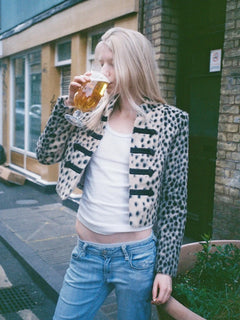 Leopard Print Cropped Jacket with Military Frog Fasteners and Long Sleeves