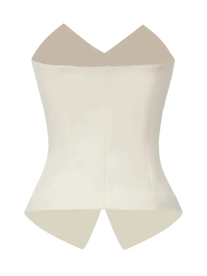White Strapless Button Front Vest and Pleated Wide Leg Pants Two Piece Set [erp-image:f18f3370776be6c9611509d9]